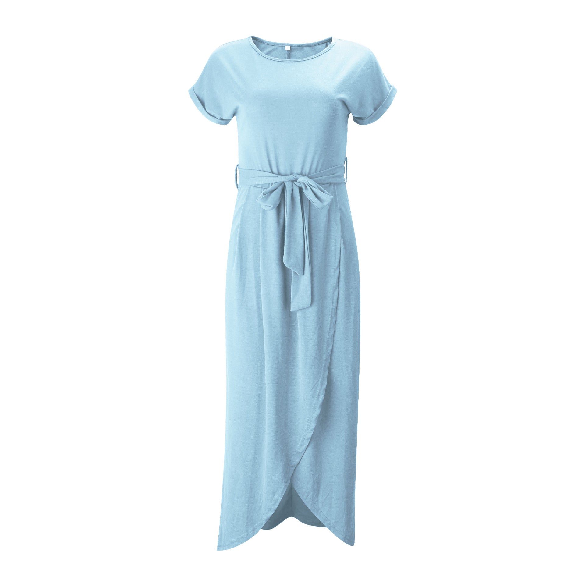 Summer Knitting Solid Color Short Sleeve Round Neck Irregular Dress