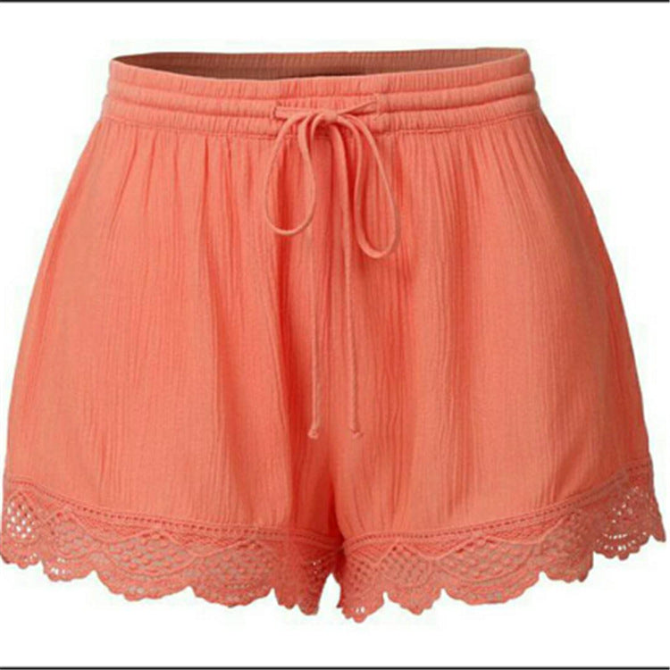 Women's Hemp Blended Summer Solid Color Lace Casual Shorts