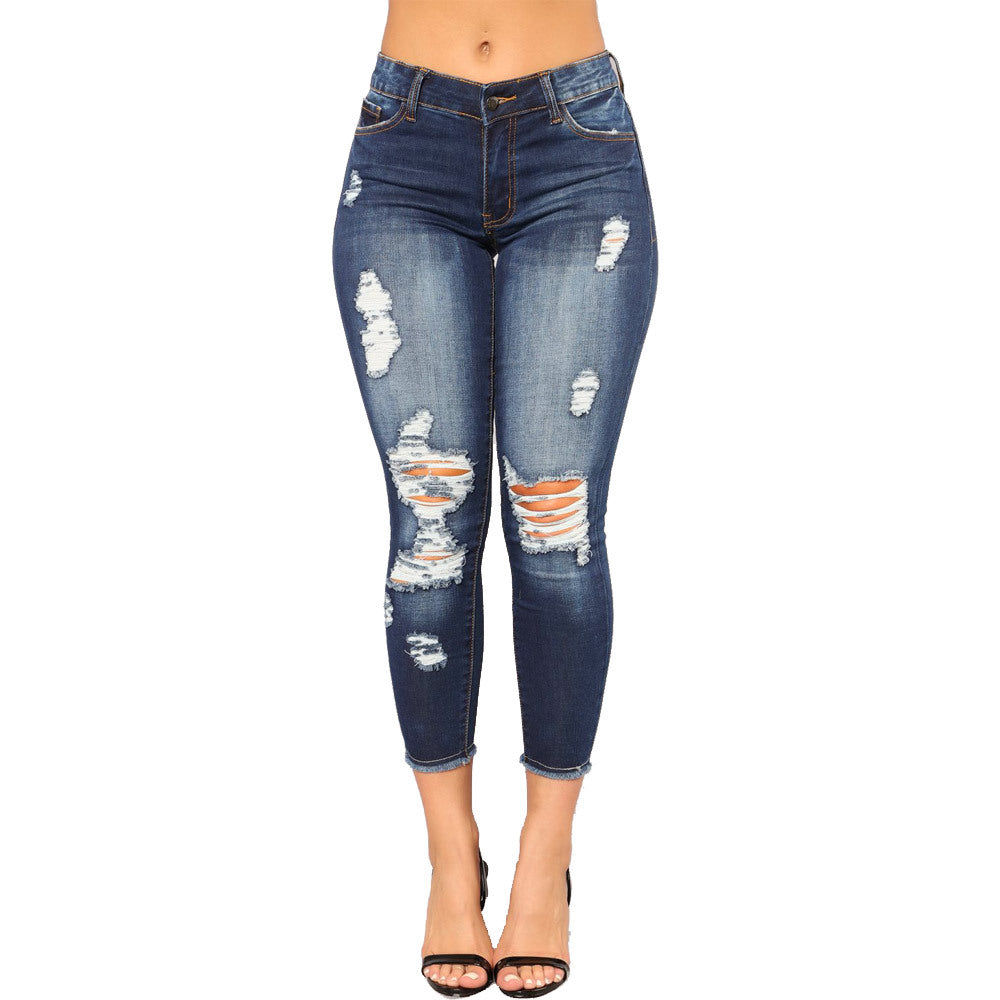 Sommer High Street Hipster Elastische Cropped Zerrissene Skinny Hip Fashion Jeans für Damen