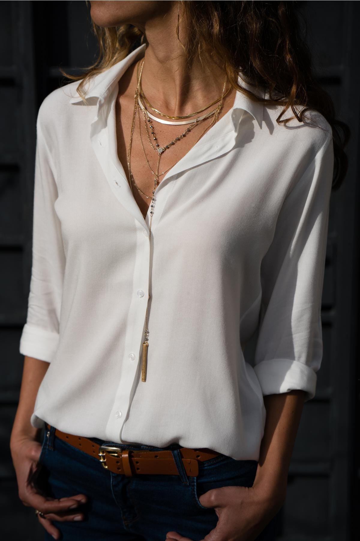 Temperament Commute Women's Long-sleeved Deep Button Chiffon Shirt