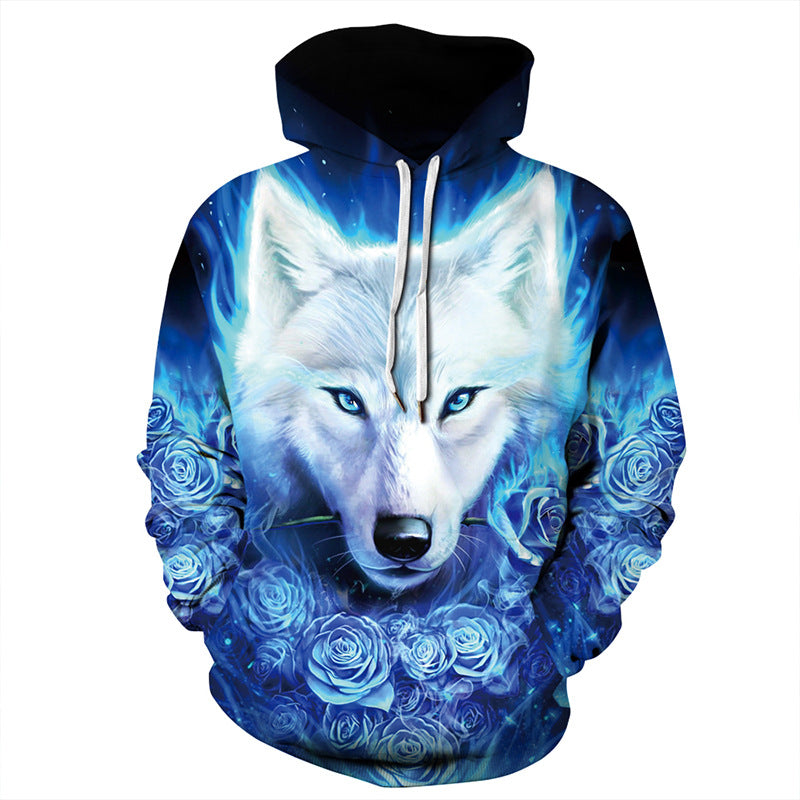 Fire Wolf Digital Printed Hoodie Long Sleeve Women's Plus Size Couple Wear Sportswear