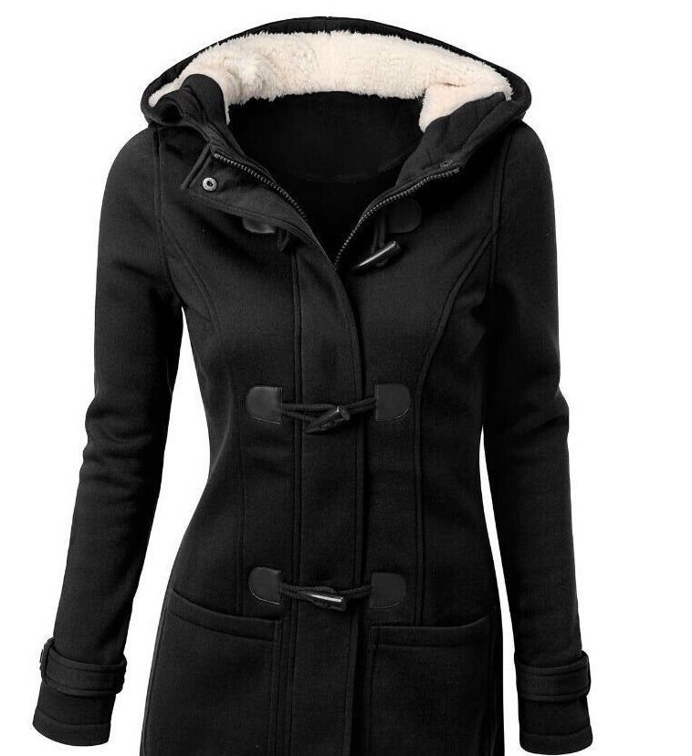 Botón de bocina de abrigo británica Overbrea Femenina gruesa con capucha de longitud media