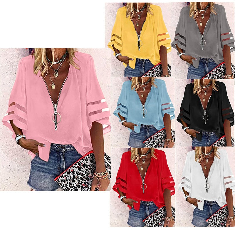 Urban Leisure V-neck Zipper Half Bell Sleeve Mesh Stitching Loose Casual Women's Shirt