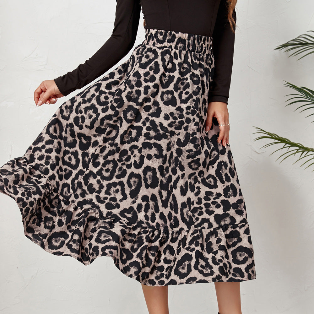 Frauen sexy Leopardenmuster Tiermuster Rock mit hoher Taille lockeres Swing-Kleid