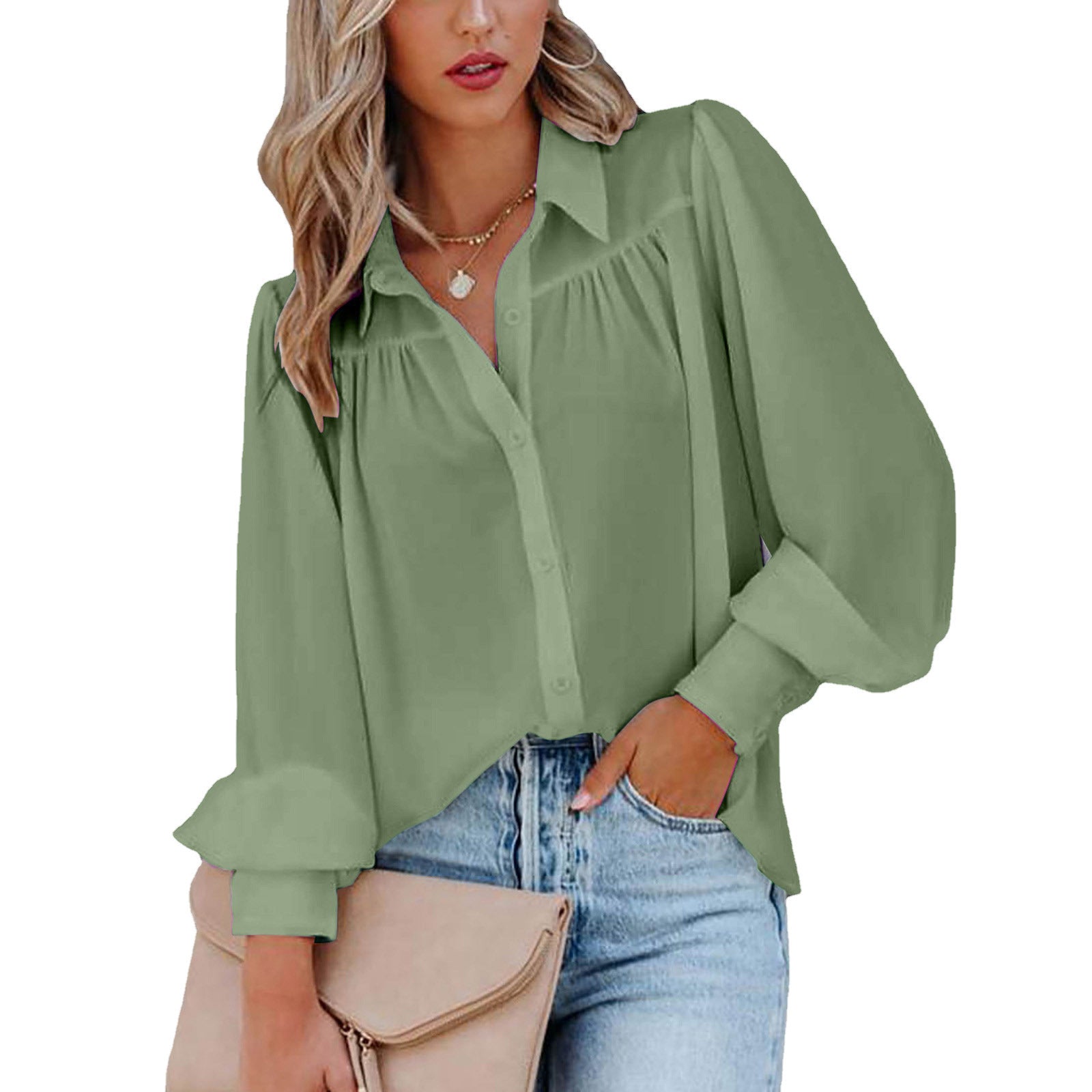 Polyester Button Lantern Sleeve Pleated Solid Color Collar Loose Shirt Long Women's Top