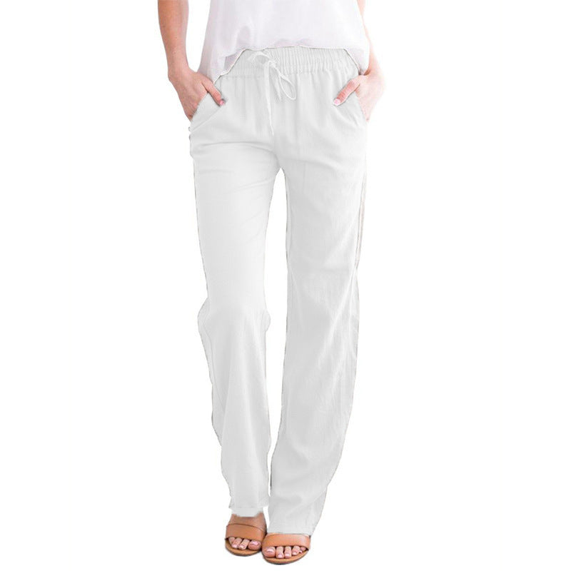 Women's Pants Solid Color Cotton Linen Drawstring Temperament Commute Loose Casual Wide-leg Trousers