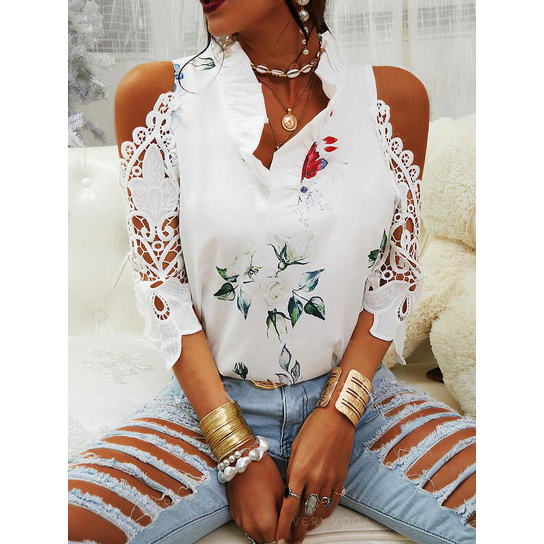 Summer Women's Top Flower Print Off-shoulder Lace Street Hipster Stitching Long Sleeve T-shirt