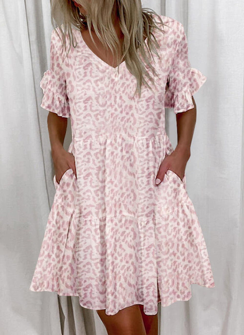 Podstawowy model Summer Loose Fashion Krótki nadruk Krótki nadruk Ruffled Pocket Damska sukienka