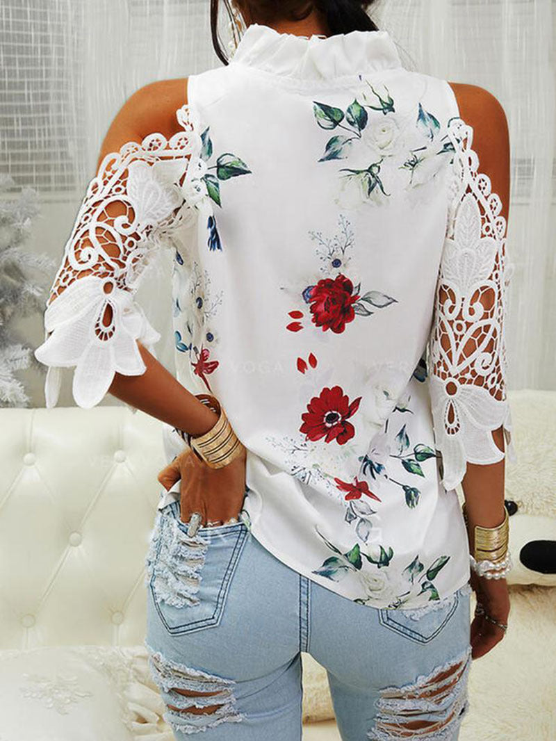 Sommer Damen Top Blumendruck Off-Shoulder Lace Street Hipster Stitching Langarm T-Shirt