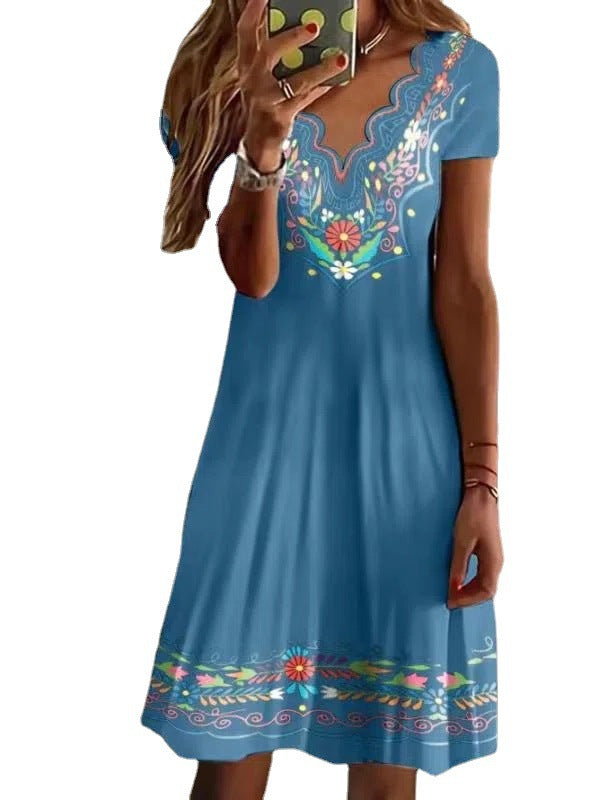 Wave Basic Model V-neck Printed Short-sleeved Pastoral Casual Dress