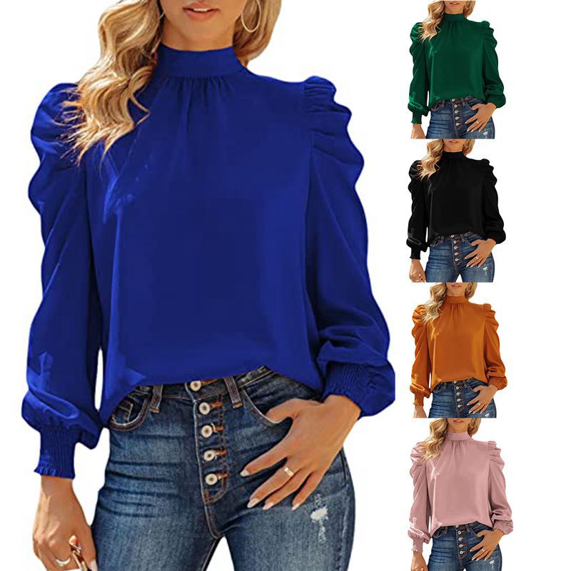 Long Sleeve Turtleneck Lace Up Bubble Casual Loose Top Women's Shirt