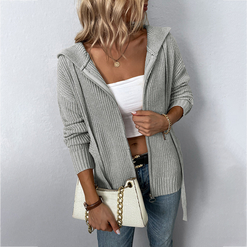 Solid Color Hooded Zipper Sweater Imitation Cotton Drawstring Pocket Women's Cardigan Coat