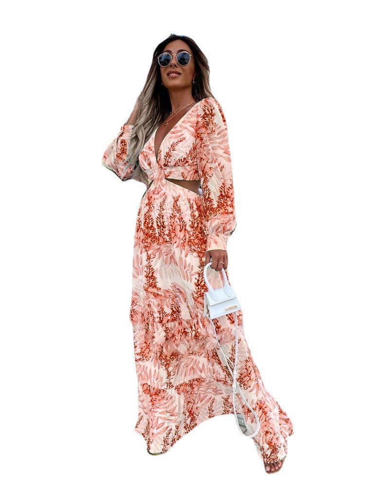 Polyester Fashion Women's Wear Spring Long Printed V-neck Sleeve Elegant Dress