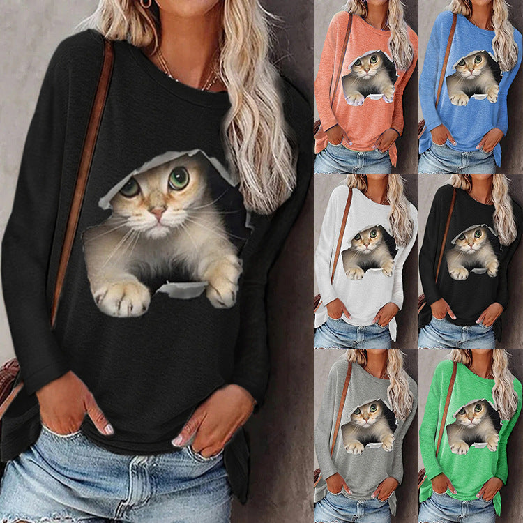 Trendy Round Digital Printing Neck Pullover Cat Long Sleeve Women's T-shirt