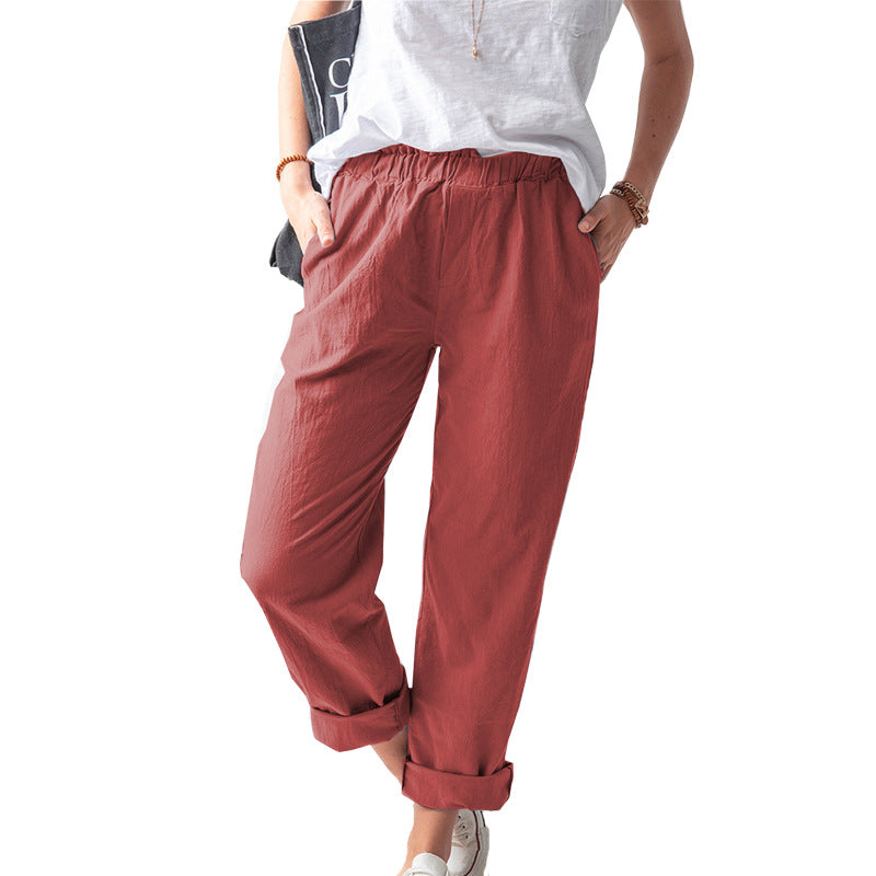 Damen Sommer Solide Urban Freizeit Farbe Lässige elastische Hose mit geradem Bein und hoher Taille