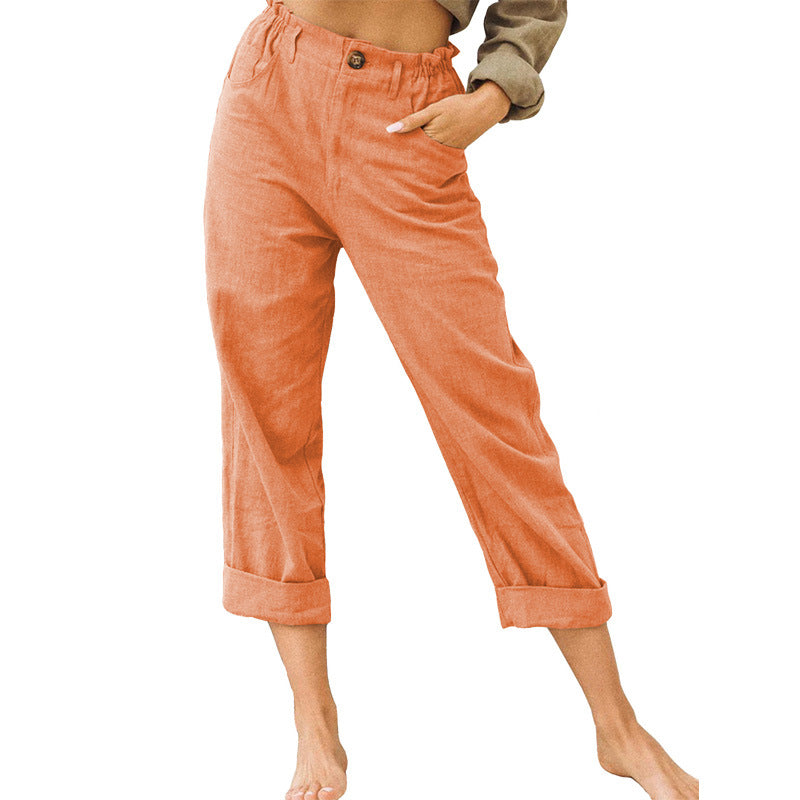 Damen Urban Freizeit Sommer Einfarbig Baumwolle Leinen Mode Lose Hohe Taille Freizeithose