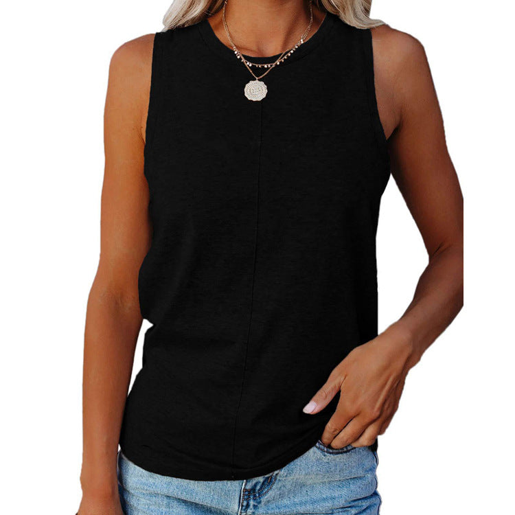 Summer Women's Stylish Loose Round Neck Solid Casual Style Color Sleeveless Vest T-shirt