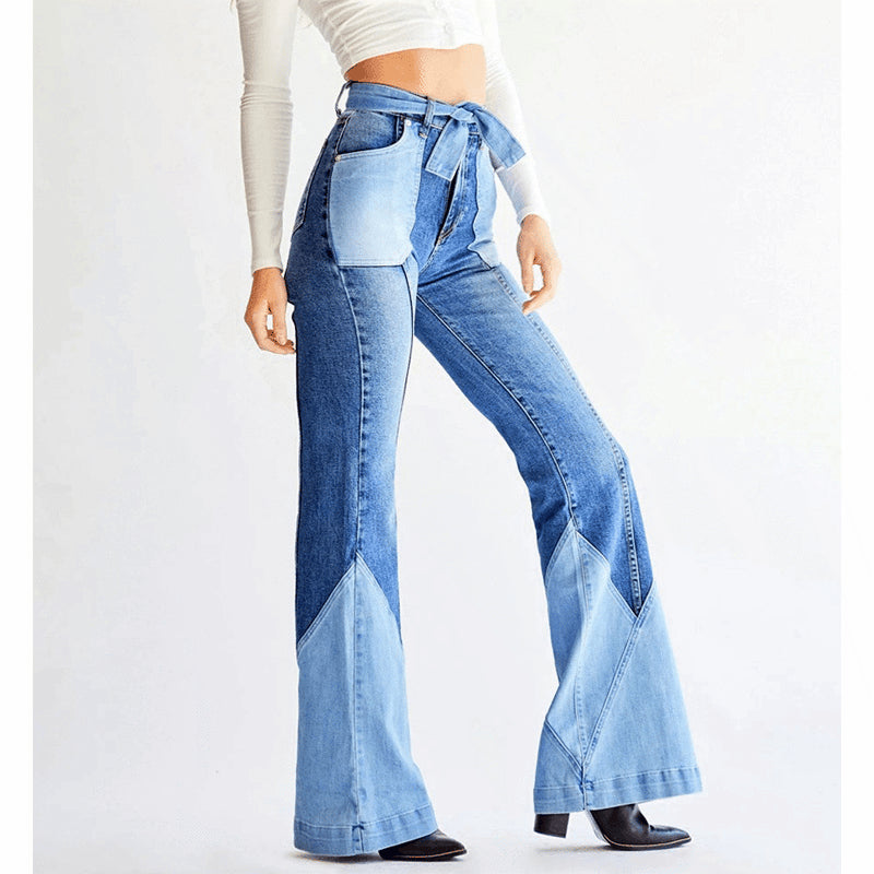 Bootcut Trousers Women's Retro High Waist Stitching Belt Denim Bell-bottom Pants