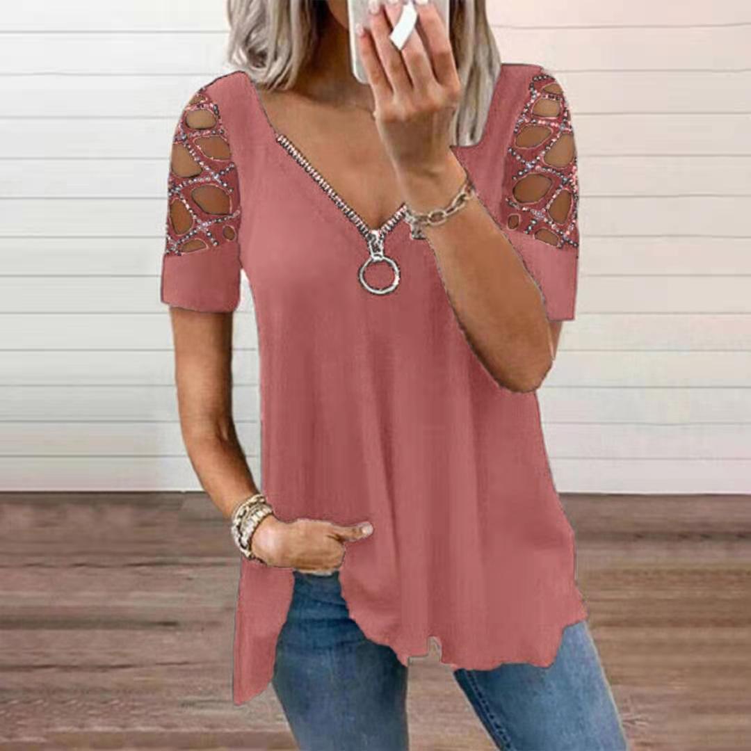 Fashion V-neck Solid Color Hollow Sleeve Loose Rhinestone Casual Women's Top