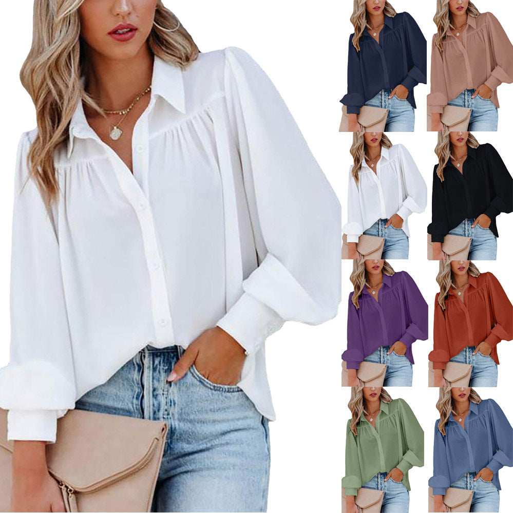 Polyester Button Lantern Sleeve Pieghe di colore solido Collar Shirt Slizia Long Women's Top