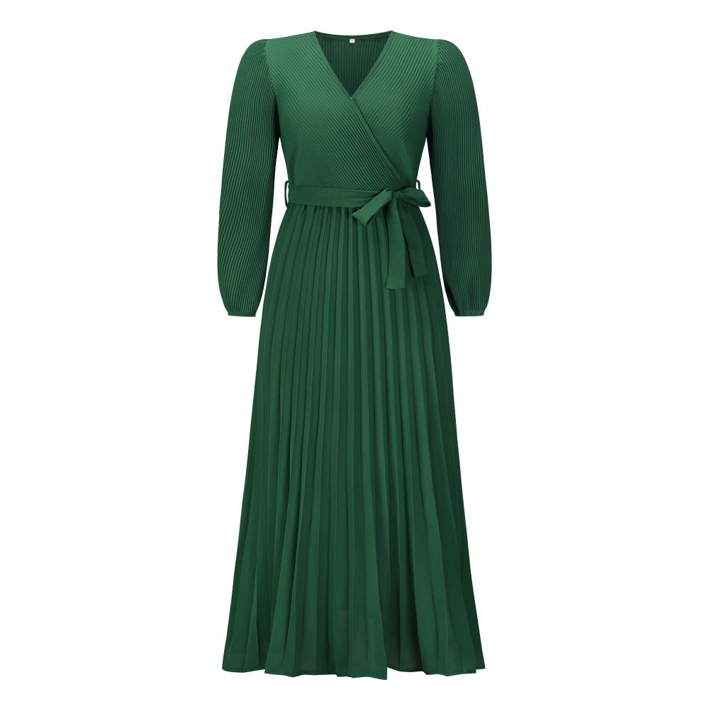 Women's V-neck Crumple Long Sleeve Pleated Skirt Mid-length Dress