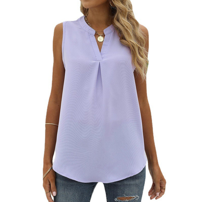 Leisure Women's Solid Color Chiffon Shirt Loose V-neck Pullover Sleeveless Top Vest