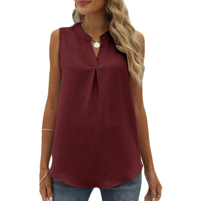 Leisure Women's Solid Color Chiffon Shirt Loose V-neck Pullover Sleeveless Top Vest