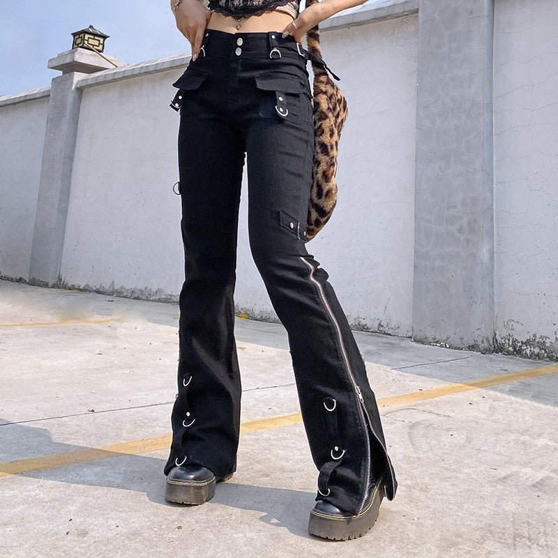Trendy Street Hipster Girl Cool Girl Baixa cintura Zipper Slimming Jeans Calças de outono