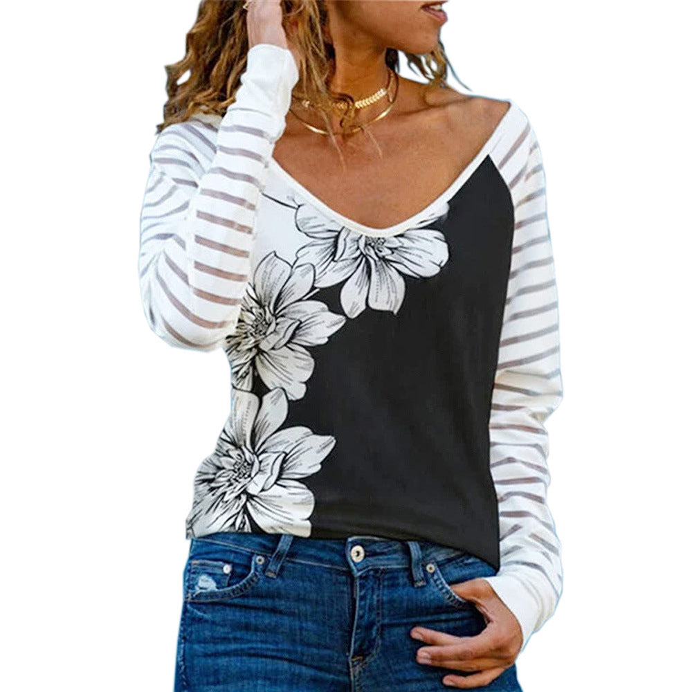 Plus Round Neck Size Women's Printed Flowers Letter Long Sleeve Loose T-shirt