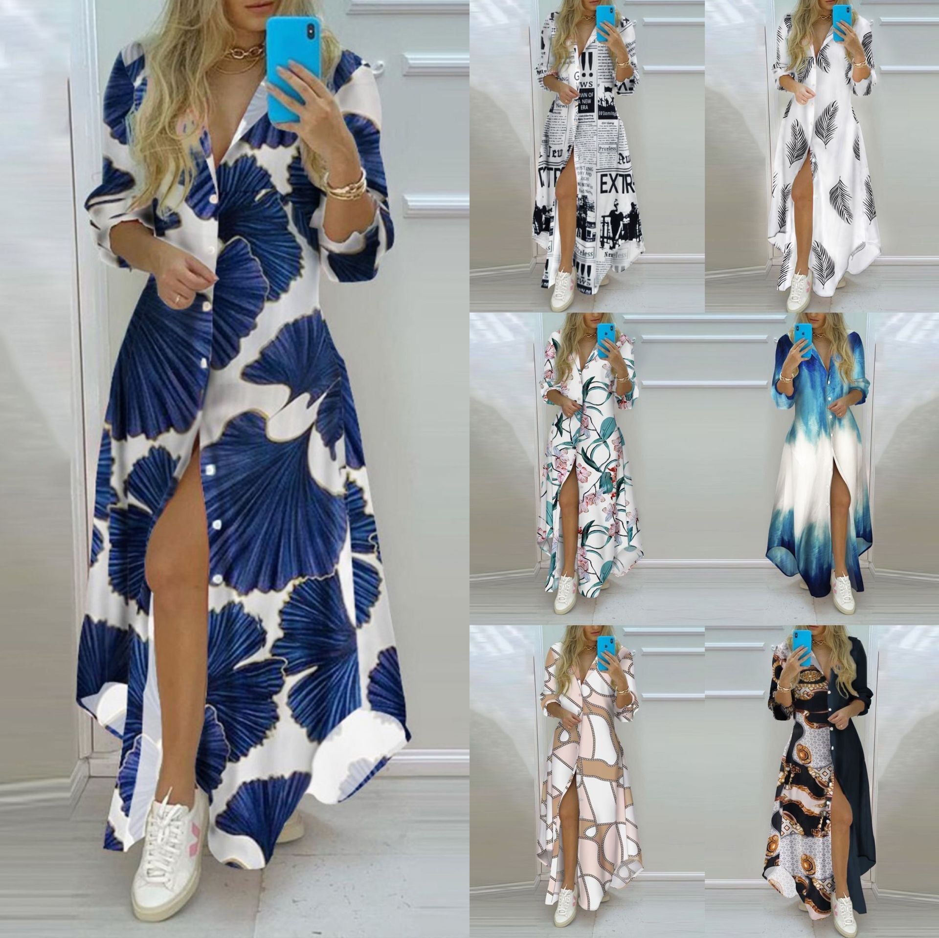 Mode bedrucktes langes Digitaldruck-Ärmelhemd Sexy Kleid
