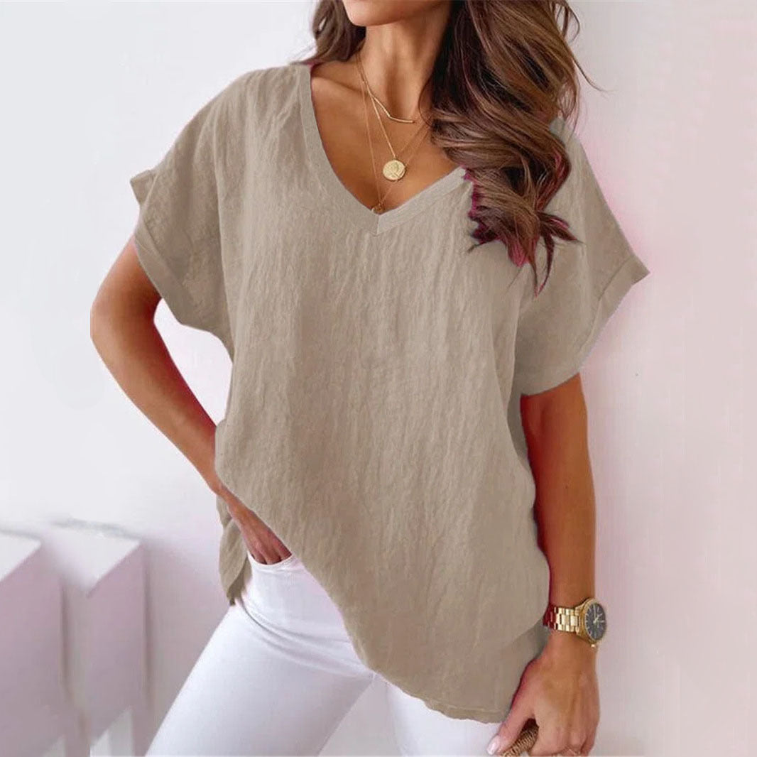 Loose Batwing Short Sleeve V-neck Solid Color Cotton Linen Casual Women's T-shirt