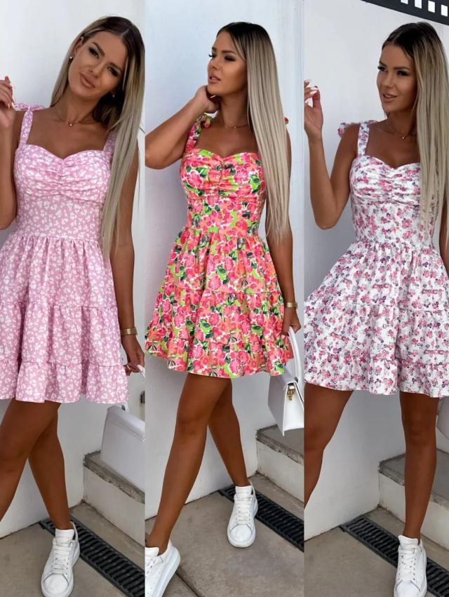Women's Floral Embossing Print Waist-tight Pleated Dress