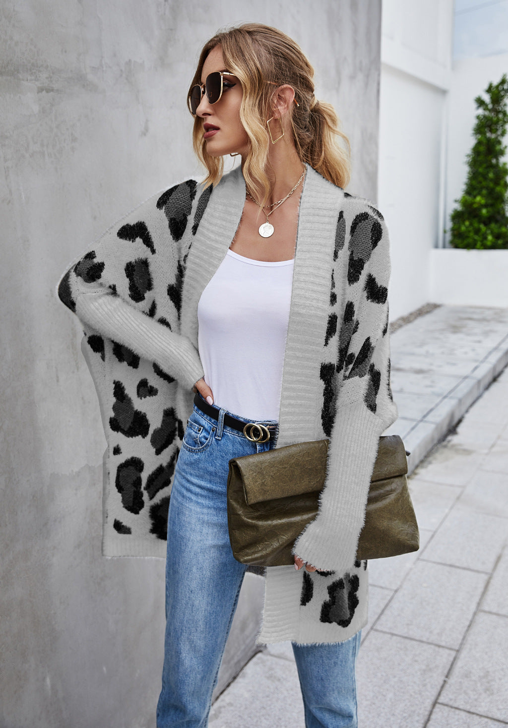 Winter Damen große Strickjacke Straßenmantel Persönlichkeit Mode Leopardenmuster Pullover