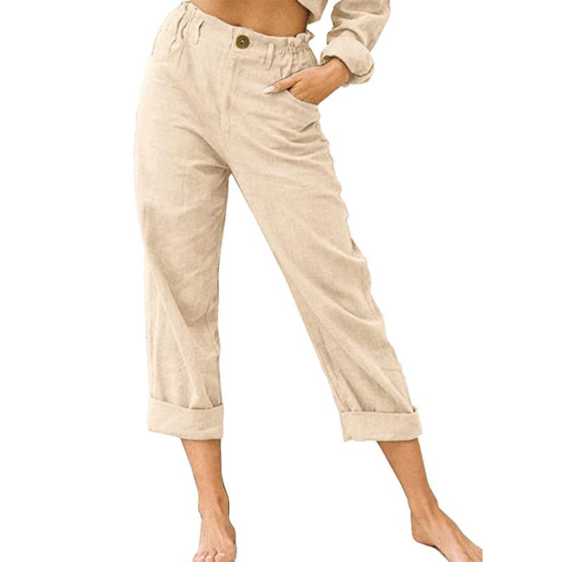 Women's Urban Leisure Summer Solid Color Cotton Linen Fashion Loose High Waist Casual Trousers