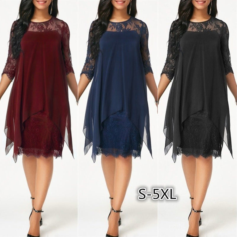 Lace Stitching Solid Color Three-quarter Sleeve Mid-length Knee-length Chiffon Dress
