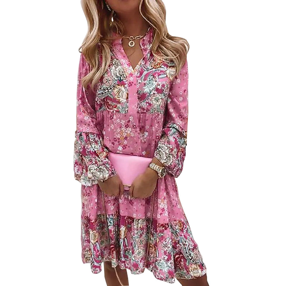 V-neck Floral Stitching Basic Model Printing Short Cropped Sleeves Layered Mini Dress
