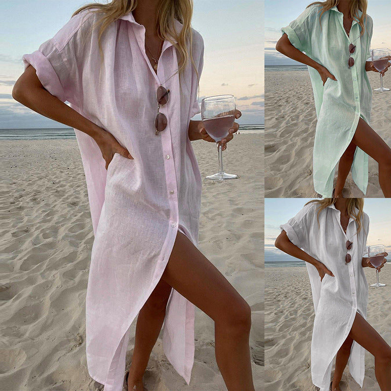 Women's Solid Color Loose Waist Casual Long Sleeves Mid-length Cotton Linen Shirt Dress