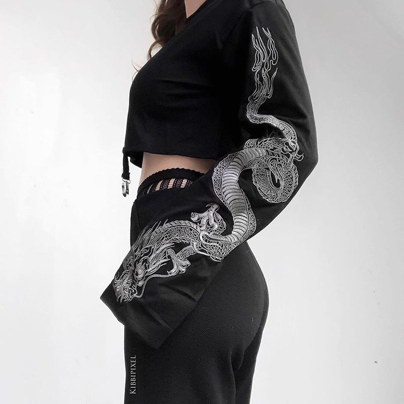 Girl's Dark Dragon Pattern Long-sleeved Sweater Women's Urban Leisure Short Hip Loose Top