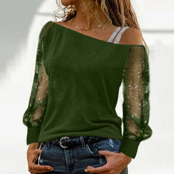 Women's Long-sleeved Fashion Cotton Blend Off-shoulder Solid Color Top T-shirt