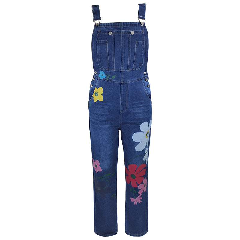 Printed Mid Waist Suspender Large Size Floral Dungarees Pants