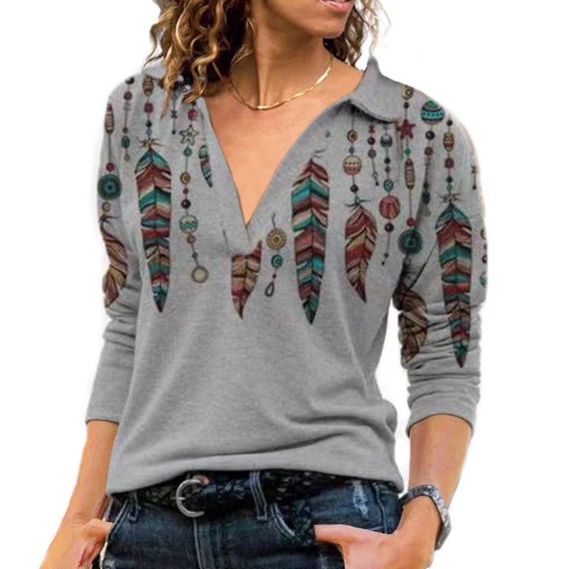 Camiseta de manga larga de solapa estampada de ocio vintage para mujeres