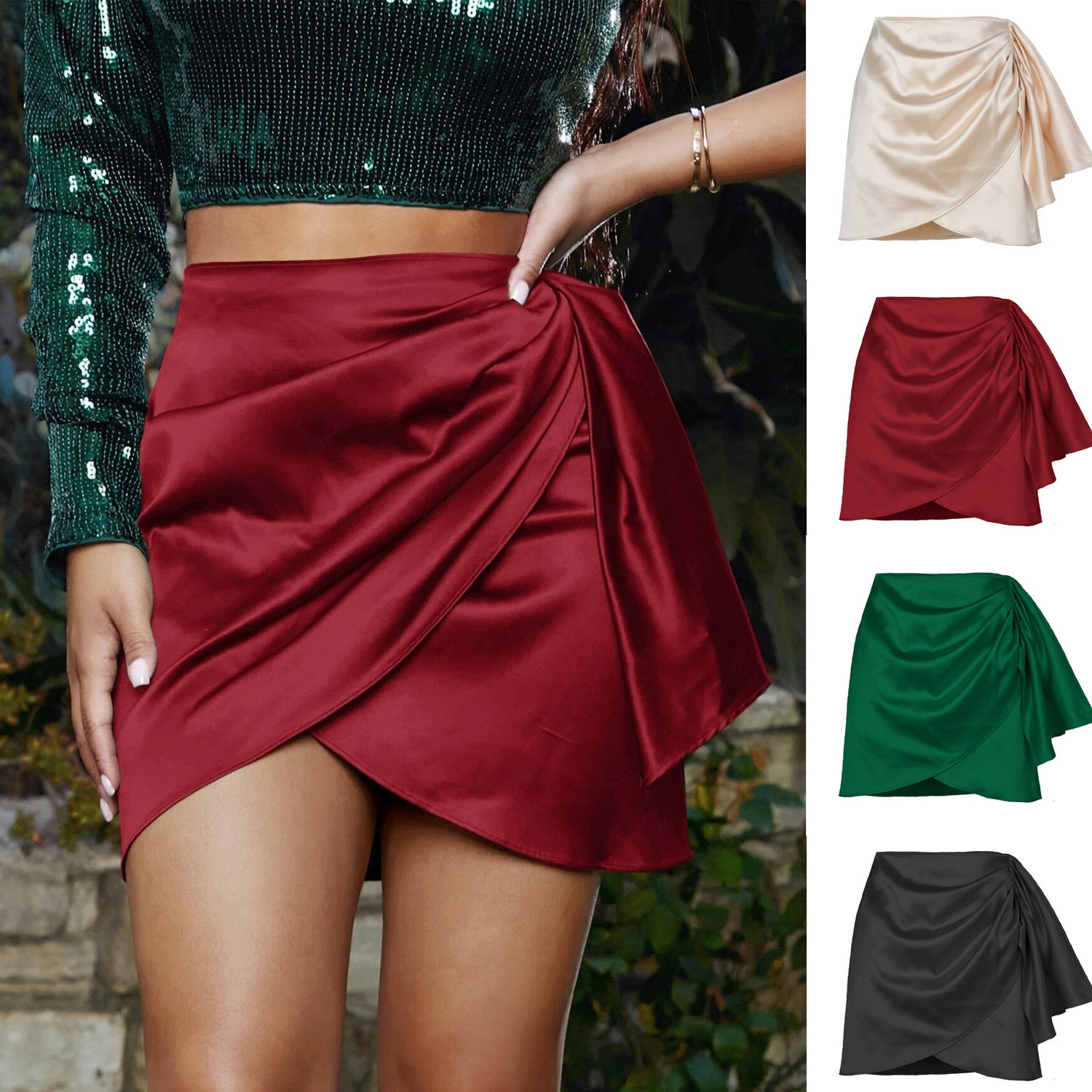 Summer Irregular Zipper Pleated Vacation Solid Color Satin High Waist Women's Skirt