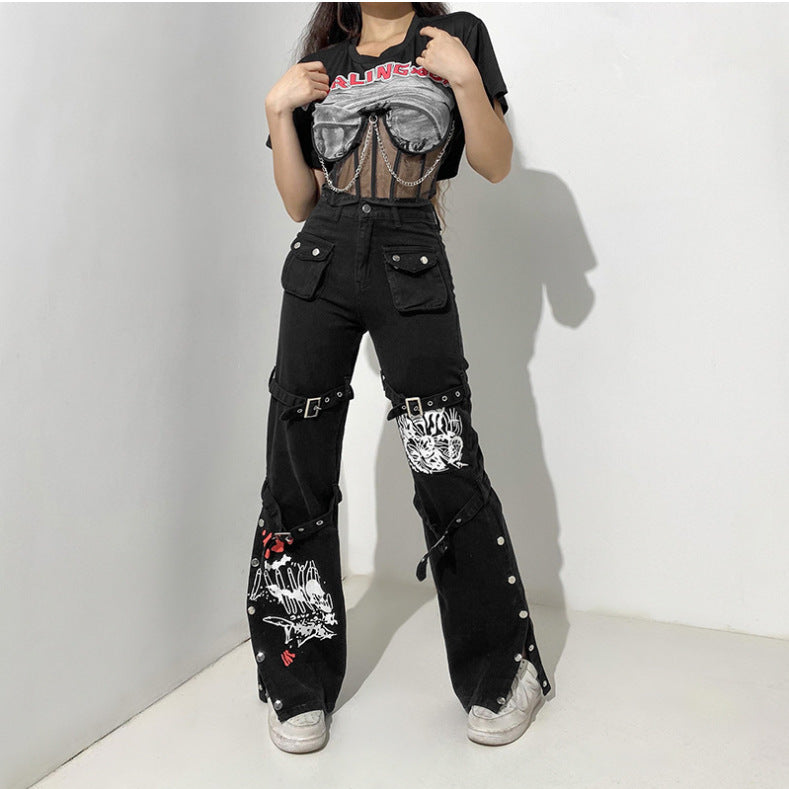 Moda de rua Cool Cowboy Cowboy Design de outono de metal impresso calças jeans de fivela
