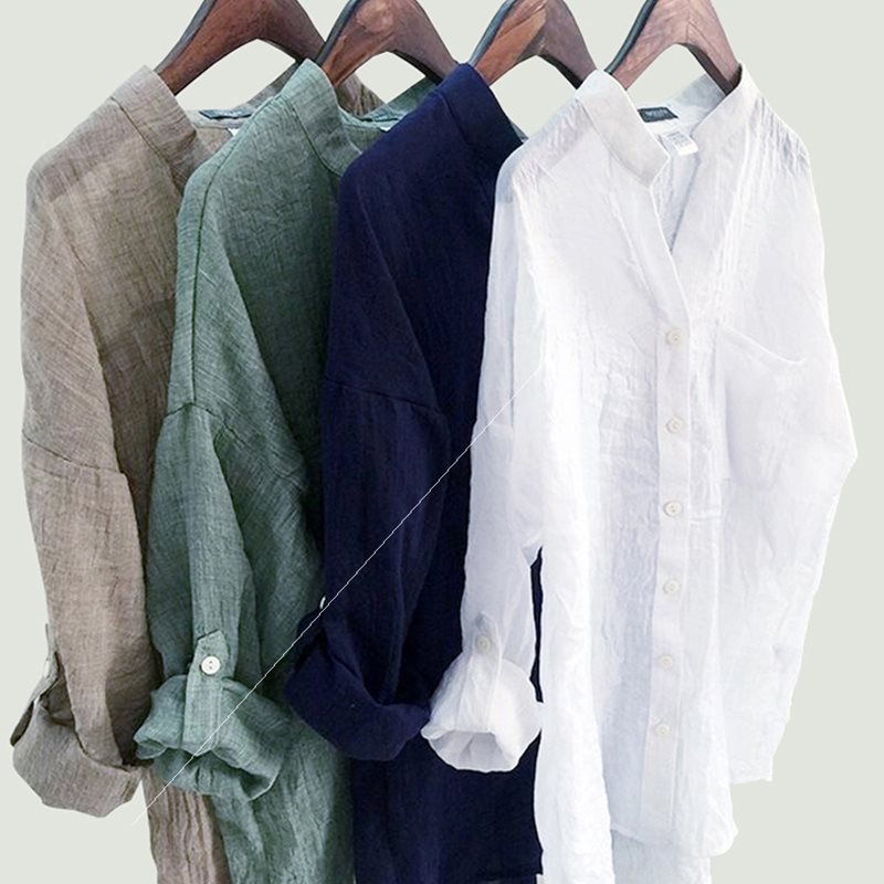 Sommerliches Temperament Pendeln Frisches lockeres Baumwoll-Leinen-Damenhemd mit Dreiviertel-Ärmelkragen
