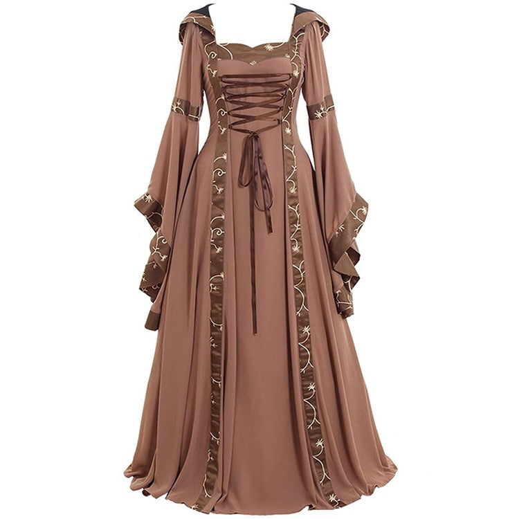 Women's Vintage Basic Model Dress Square Collar Lace Waist Flared Sleeve Halloween Costume