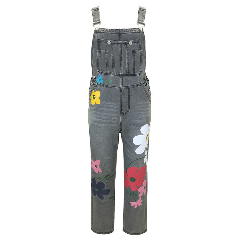 Printed Mid Waist Suspender Large Size Floral Dungarees Pants