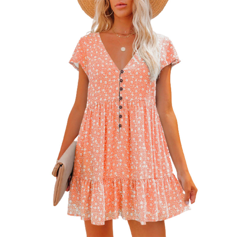 V-neck Buttons Small Floral Short Sleeve Basic Model Loose Casual Women's Dress