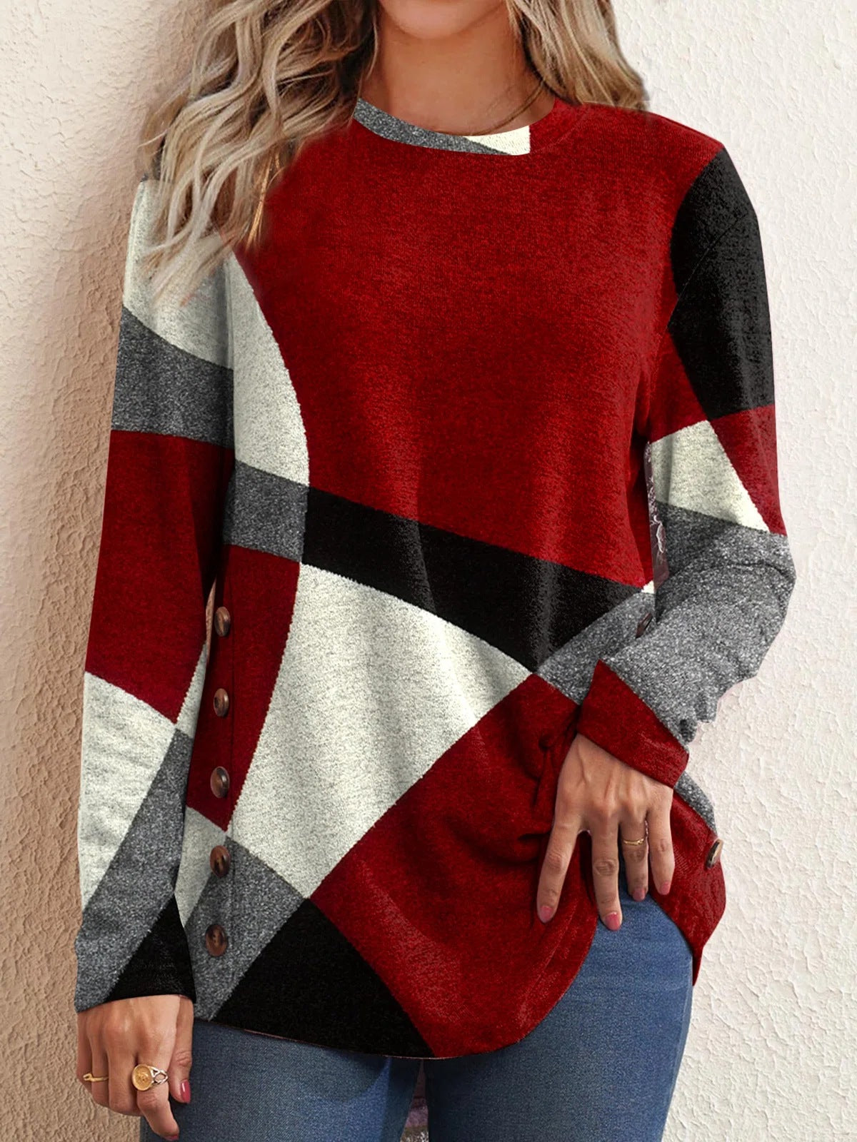 Sprężyna geometryczna kolorowy kolor Bawełniany z wydrukiem Bawełniany bawełniany t-shirt damski top