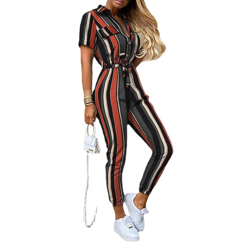 Jumpsuit Summer Women's Casual Polo Collar Printed Belt Casual Pants