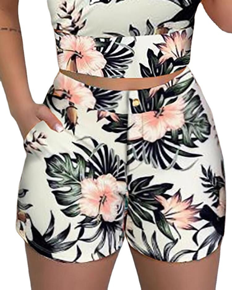 Women's Summer Blouse And Pants Printed Sling Slim Suit Shorts